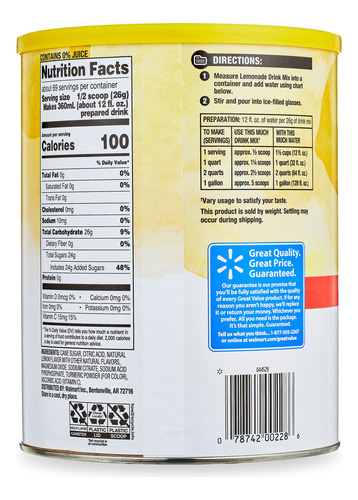 Mezcla De Bebida Great Value, Limonada Natural 1.78 Kg