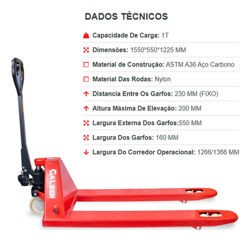 Paleteira Transpalete Transpallet Manual 1 Tonelada 1000kg Com Roda Nylon Galzer
