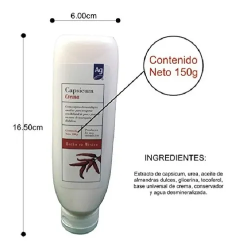 Capsicum Crema Auxiliar Para Neuropatía Diabética 150gr Activo Principal Capsaicina AG Cosmética Natural con ingredientes naturales para brindar un bienestar tota
