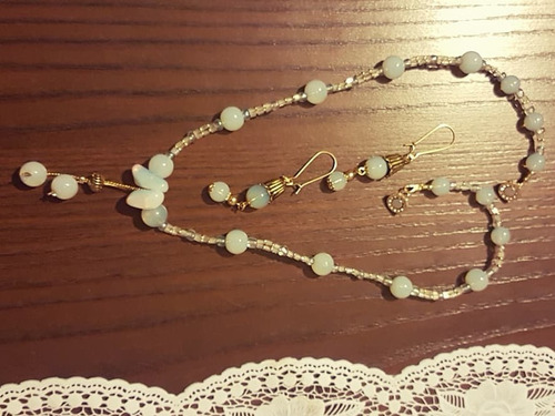 Conjunto Brincos E Colar Pedras Opalina E Cristais