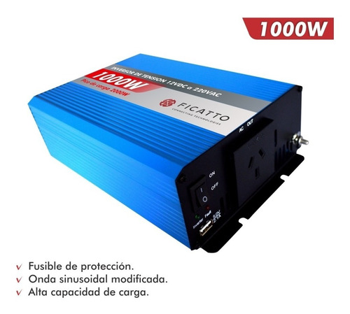 Imagen 2 de 7 de Inversor De Tensión 1000w Ficatto 12v Camping Auto Usb R