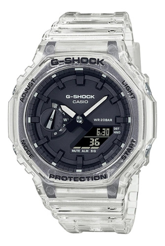 Reloj pulsera Casio G-Shock GA-2100 de cuerpo color gris, analógica-digital, para hombre, fondo negro, con correa de resina color gris, agujas color negro y blanco, dial gris y negro, subesferas color negro, minutero/segundero negro, bisel color gris, luz blanco y hebilla simple