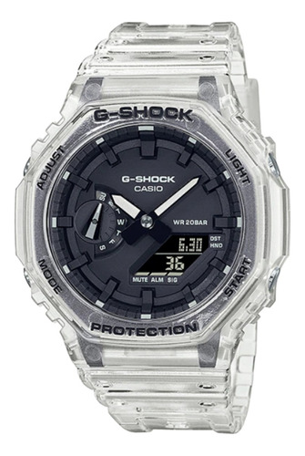 Reloj pulsera Casio G-Shock GA-2100 de cuerpo color gris, analógico-digital, para hombre, fondo negro, con correa de resina color gris, agujas color negro y blanco, dial gris y negro, subesferas color negro, minutero/segundero negro, bisel color gris, luz blanco y hebilla simple