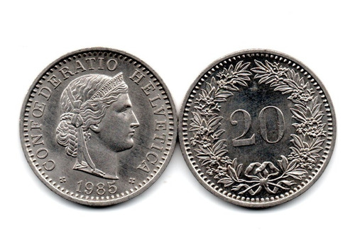 Moneda Suiza 20 Rappen Año 1985 Km#29a