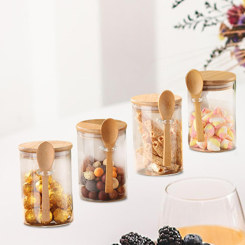 Od 4 Tarros De Vidrio Con Tapas De Bambú Y Cucharas De