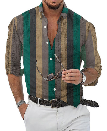Camisa De Manga Larga A Rayas Con Botones Y Botones Para Hom