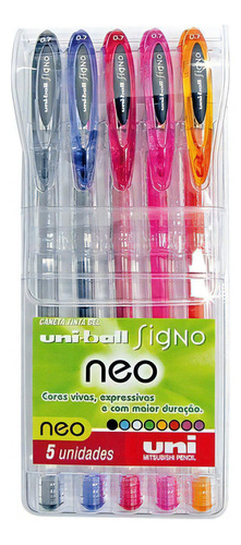 Estojo Caneta Uni Ball Tinta Gel Signo Neo 5 Cores 0.7mm