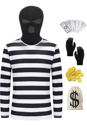 Conjunto de disfraz de ladrón para niños, accesorios de ladrón para fiesta  de Halloween, gorro de punto a rayas blancas y negras