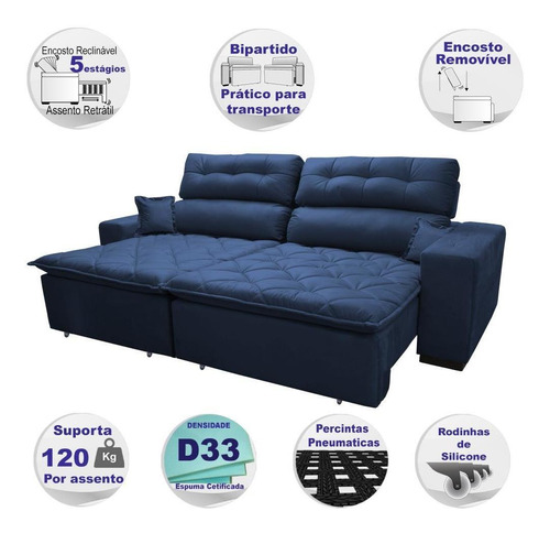 Sofá 2,22m Retrátil E Reclinável Cama Inbox Confort Azul