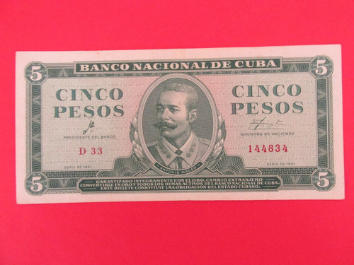 Billete Cuba 5 Pesos Firmado Che Guevara Año 1961 Escaso