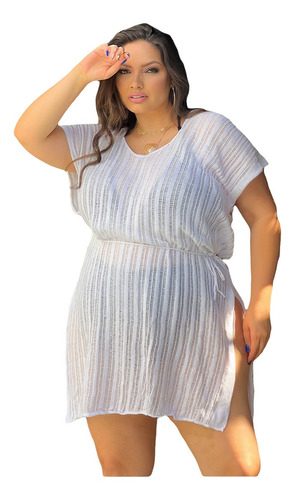 Saída De Praia Plus Size Listras Decote Fenda Grande Moda