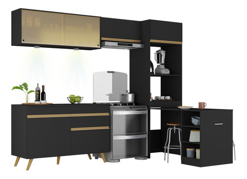 Armário Cozinha Compacta 252cm Veneza Up Multimóveis V2029 Cor Preto/Dourado