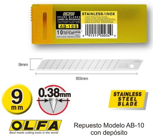 Olfa Repuesto Navaja Modelo Ab-10 De 9 Mm. 10 Piezas