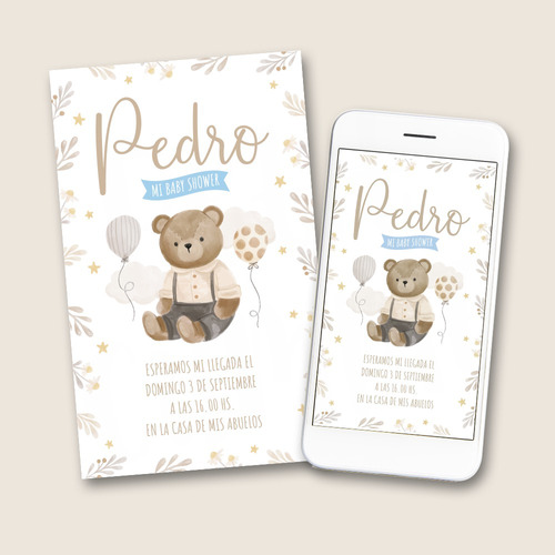 Invitación Digital Baby Shower Bautismo Osito Personalizada