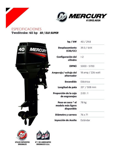 Motor Fuera Borda Mercury 40 Elo Super (2 Tiempos)