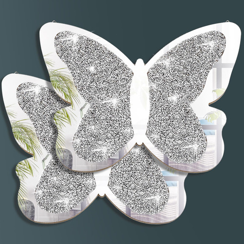 Espejo Mariposa Diamantes Triturados Pared Plateada 50 X 32