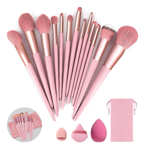 13 Piezas Brochas Maquillaje Y 3 Esponja Para Maquillaje Rosa 16psc Kit De Brochas Maquillaje Profesional Brocha Vibradora