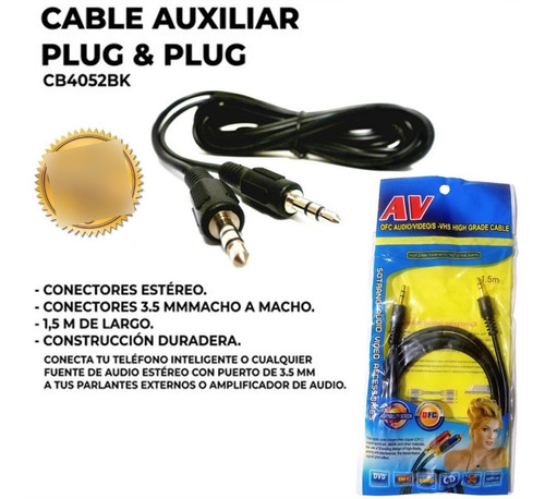 Cable Auxiliar Estéreo 1.5mts Plug A Plug 3.5mm Mp4 Teléfono