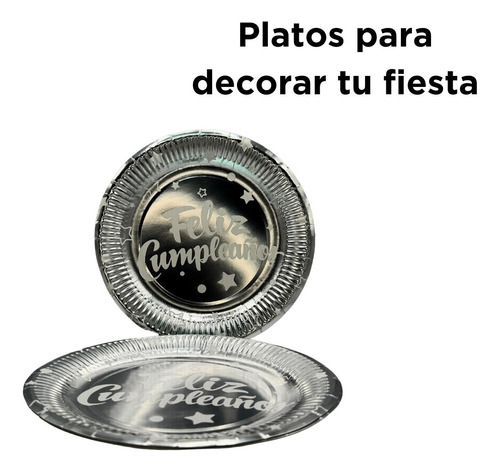 Platos De Feliz Cumpleaños Plateados Desechables 10 Piezas