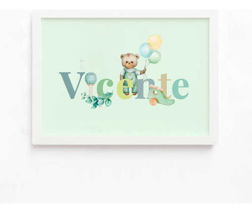 Cuadro Infantil Personalizado Con Nombre 20x30 Cm Menta Blanco