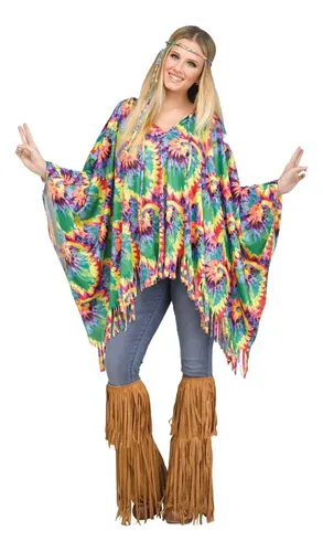 Disfraz Hippie Para Mujer – Poncho Con Flecos, Blusa O Vestido, Incluye Banda De Plumas Y Pendientes – Ideal Para Carnaval, Fiestas Temáticas Y Halloween
