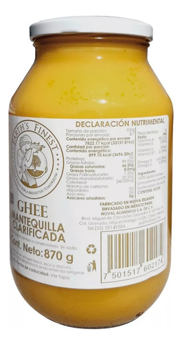 Mantequilla Clarificada Earth's Finest Ghee 870g Keto