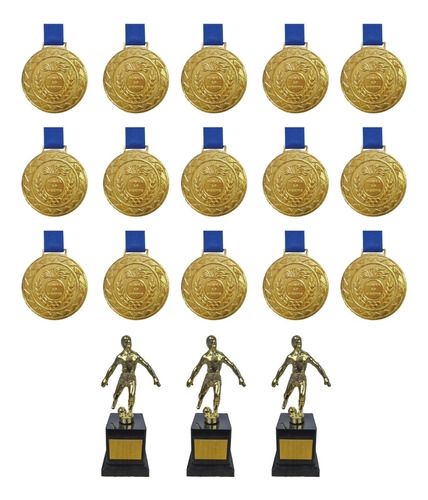 Kit C/15 Medalhas Ouro M43+3 Troféus Jogador Artilheiro Ouro