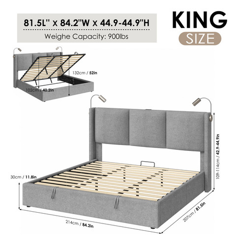 Bed Frame King Size Con 2 Luces De Lectura Color Gris