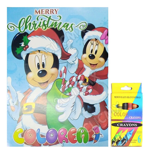 10 Libros Colorear Navidad Mickey Mimi + 10 Crayolas 6 Pzs