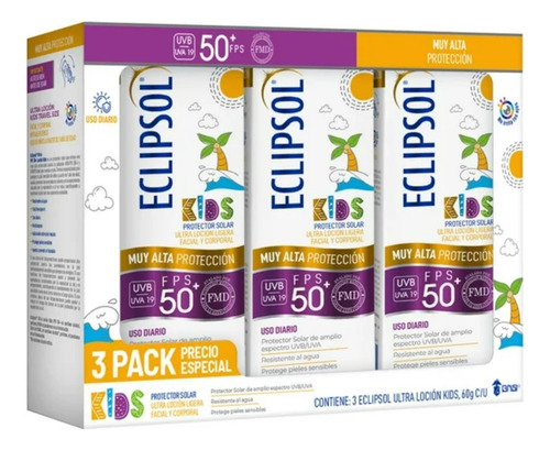 3 Pack Protector Solar Eclipsol Ultra Locion Kids Fps+50