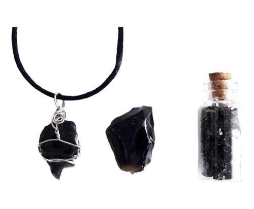 Obsidiana Kit Protección. Collar + Piedra + Mini Botella.