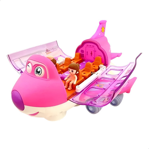 Avião Brinquedo Infantil Musical Bate Volta Gira 360 Luz Led Aeronave Abre Porta Roda Rosa
