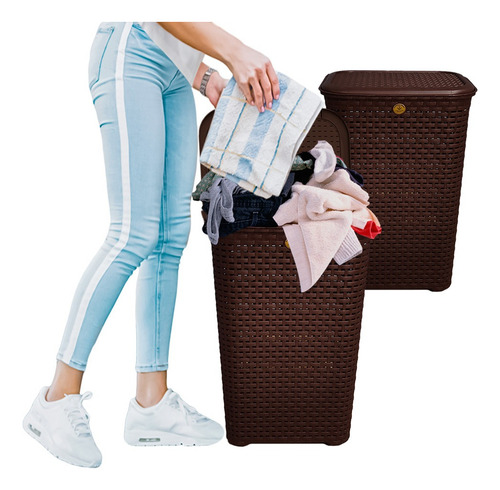 4 Cestos Canasta Organizador Ropa Tapa Rattan Color Chocolate