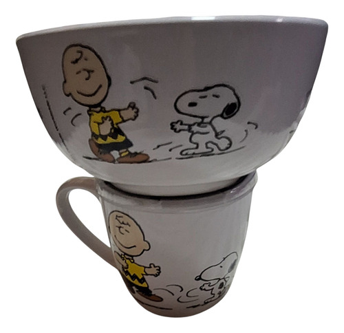 Taza Y Tazón Peanuts/ Snopy, Cerámica Blanco