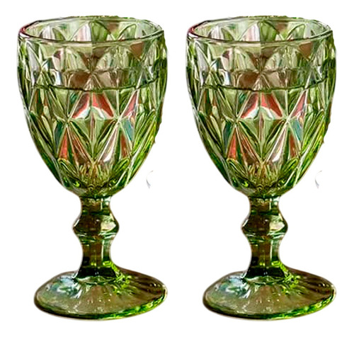 Jogo Taça Verde Vidro Diamond Água Suco 320 Ml - 02 Unidades Verde-brilhante