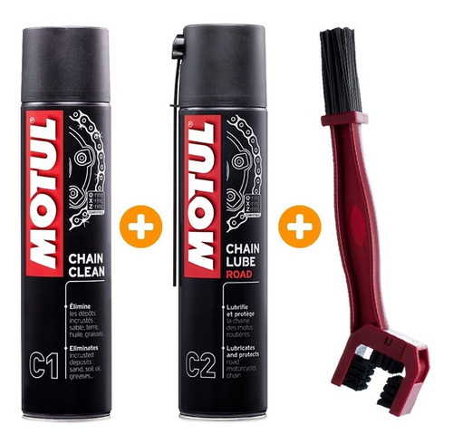 Imagem 1 de 1 de Kit Motul C1 Clean + C2 Lubrificante Corrente 400ml + Escova