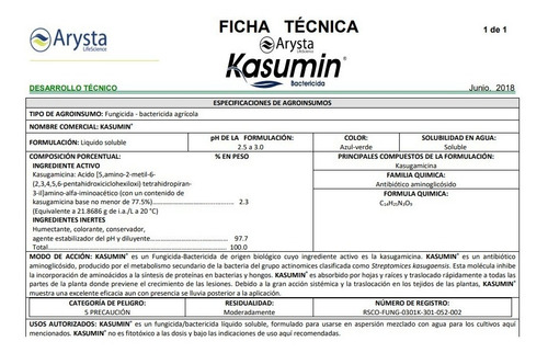 Kasumin Fungicida Bactericida Agave Arroz Chile Papa Tomate