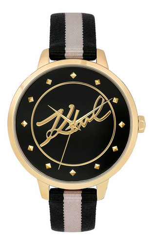 Reloj Karl Lagerfeld Dama  Correa Tela  Negro Bisel Dorado