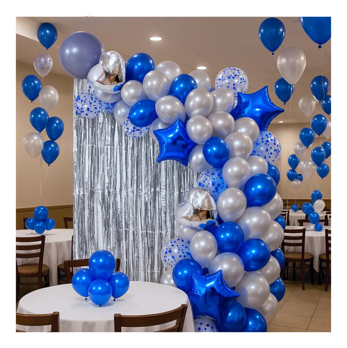 Kit Decoración Para Armar Arco Globos 57 Artículos Azul Y Plata Arco Globos