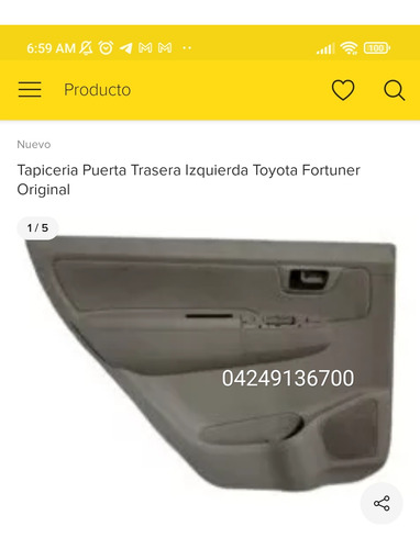 Tapiceria Puerta Trasera Izquierda Toyota Fortuner 2007-2011