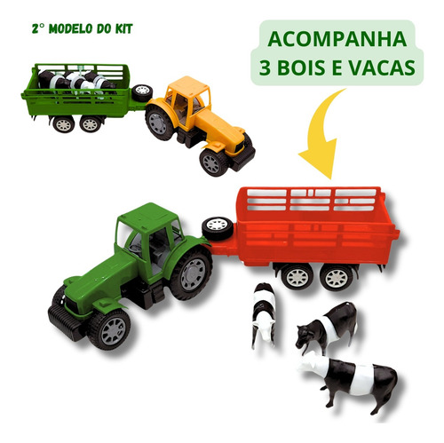 Kit 2 Caminhão + Trator Com Bois Vacas Brinquedo Presente
