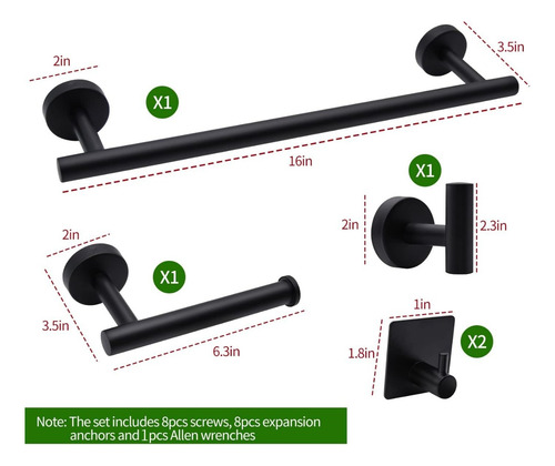 Set De 5 Accesorios De Baño Acero Inoxidable Negro / Plata