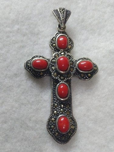 Crucifixo Antigo Prata Coral E Marcassita 6cm 5fotos 8,7gram