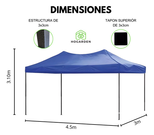 Carpa Azul 3x4.5 M Armazón Plegable Sin Paredes Impermeable
