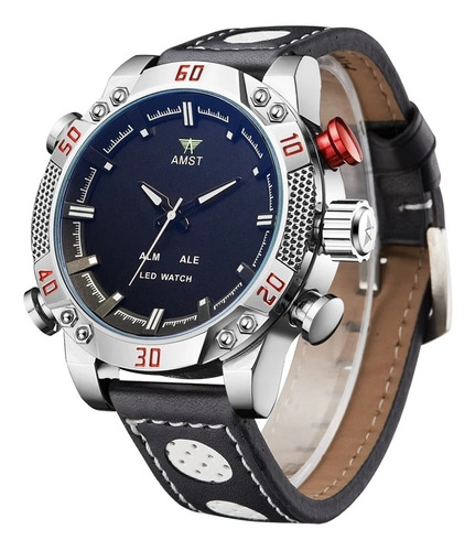 Relógio Esportivo Pulseira De Couro Amst Com Mostrador Led