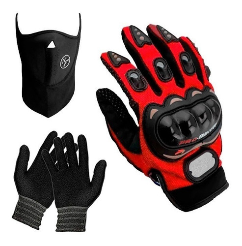 Cuello Mascara Neoprene + 1era Piel + Guantes Pro Biker Fas! Color Rojo Diseño De La Tela Liso Talle Xl