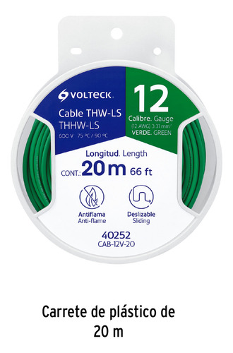 Carrete 20 M De Cable 12 Awg Antiflama Verde Volteck 40252