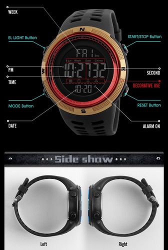 Reloj pulsera Skmei 1251 de cuerpo color negro, digital, para hombre, fondo negro, con correa de poliuretano color negro, dial gris, minutero/segundero blanco y negro, bisel color negro, luz verde y hebilla doble