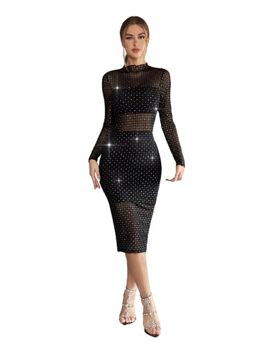 Vestido Sexy Elegante Negro Con Transparencias Y Brillos