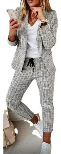 Conjunto De Pantalones Largos Estampado Cuadros Blazer Mujer
